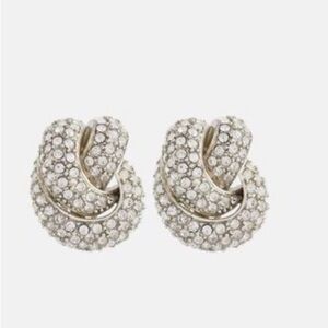 New Oscar de la Renta Crystal Knot Silver Earrings $460 MSRP Clip On Authentic